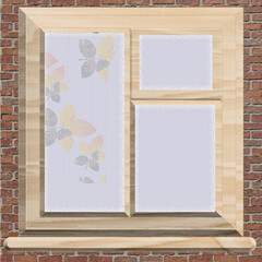 Image of a cozy window with wooden frames on a brick wall. 3d.