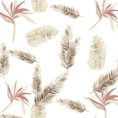 Brown Pattern Background. White Tropical Botanical. Gray Floral Exotic. Decoration Nature. Floral Leaves. Summer Illustration. Spring Illustration. Wallpaper Illustration.