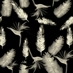 White Pattern Textile. Gray Tropical Art. Black Floral Exotic. Decoration Leaves. Floral Painting. Summer Leaf. Spring Vintage. Wallpaper Illustration.