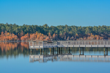 A reflection of the fishing pier and Fall leaf colors on Little Ocmulgee River in McRae, Georgia - obrazy, fototapety, plakaty