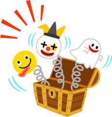 宝箱型のびっくり箱から飛び出すピエロとお化け