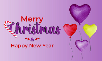 Merry Christmas card, background with hearts, balloon. vector design template