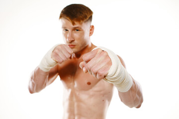 muscular man with bandaged arms gym boxer