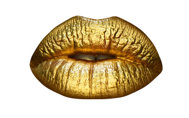 Golden make up. Colorful sexy lips, golden art. Gold bright make-up in lips. Creative art lipstick. Isolated on white.