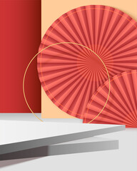 Abstract background. Paper fans, golden ring and podium. Studio in origami style for cosmetic product display.