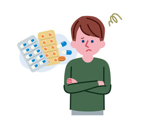 薬について疑問を持っている男性のイラスト