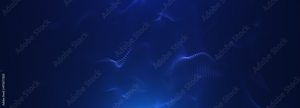 Poster abstract colorful digital particles wave with bokeh and light background, 3d render wave line dot ba