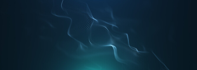 Abstract colorful digital particles wave with bokeh and light background, 3d render wave line dot background, line wave light glowing effect particular background.	