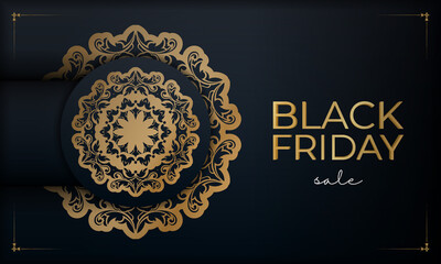 Blue black friday sale poster with geometric gold pattern