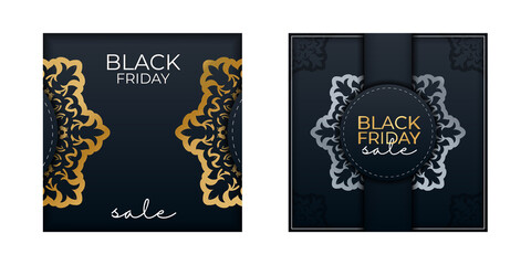 Fototapeta na wymiar Blue black friday sale poster with luxury gold pattern
