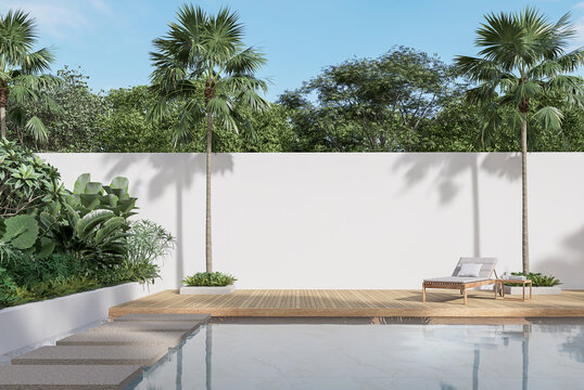 Minimal style swimmimg pool terrace with blank wall for copy space 3d render, There are wooden floor,green tile in the swimming pool and ,empty white wall,Surrounded by nature.