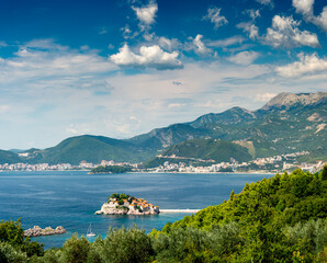 Fototapeta na wymiar Sveti Stefan Island and Villa Milocer,Adriatic coast, Montenegro,East European Balkans.