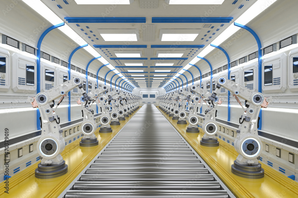 Poster robot assembly line in factory