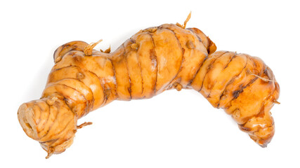  Fresh galangal (Alpinia galanga) rhizomes on white background.