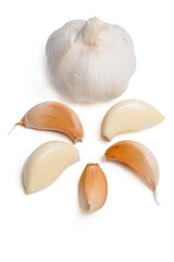 Fresh peeled garlic cloves, bulb  with garlic slices on white background.