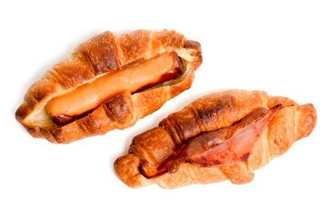 Top view Delicious of Sausage Croissant and bacon on white background.