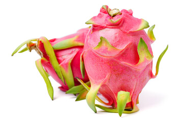 Fresh dragon fruits or pitaya with cut a half on white background.