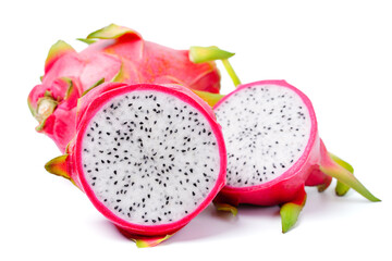 Fresh dragon fruits or pitaya with cut a half on white background.