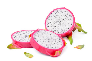 Fresh dragon fruits or pitaya with cut a half on white background.