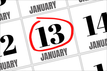 January 13. 13th day of the month, calendar date. Winter month, day of the year concept