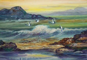 Watercolor painting art class , sea ,tree , sky  windy seashore