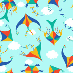 Fototapeta na wymiar Seamless vector pattern with kites. Hand-drawn illustration. Paper toys decorated with ribbons, bows. Festive elements in the sky with clouds. Flat cartoon style. Concept for printing on fabric