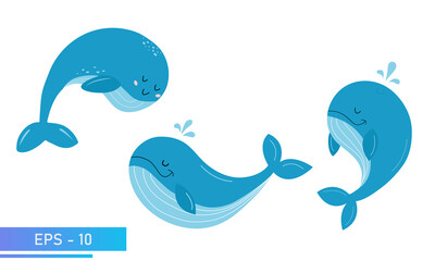 Set of cute blue whale in delicate blue colors and splashes water. Proud and sweet. Vector illustration.