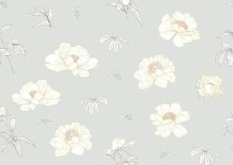 Peonies flowers. Seamless pattern, background. Colored vector illustration. In botanical style In soft orange and green colors.