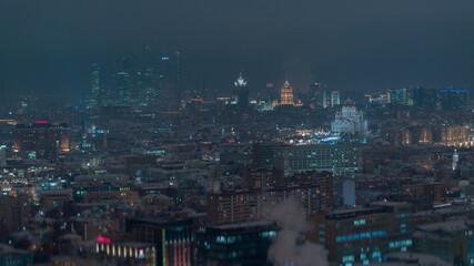 Night Moscow in winter, view from a drone