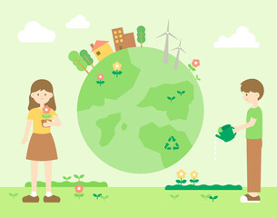 A boy and a girl are caring for plants around the globe.  flat design style vector illustration.