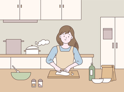 A woman is cooking in the kitchen. outline simple vector illustration.