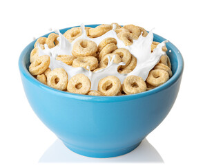 corn rings with splashing milk in blue bowl