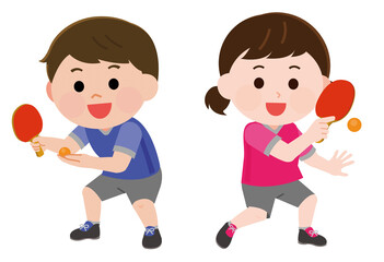 卓球をする男の子と女の子　イラスト