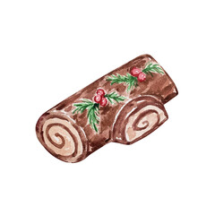 Watercolor Christmas illustration of chocolate roll