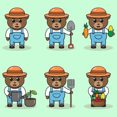 Vector illustration of Bear farmer cartoon. Cute farmer character design with straw hat. Character flat design. isolated on white.