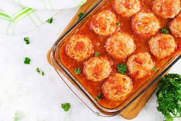 Chicken meatballs in paprika and tomato sauce. Turkey meatballs. Top view