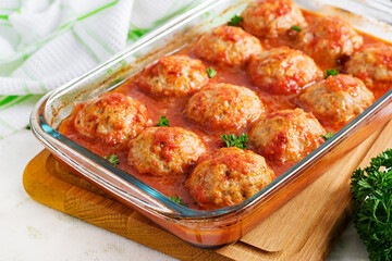 Chicken meatballs in paprika and tomato sauce. Turkey meatballs.