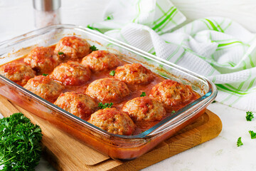 Chicken meatballs in paprika and tomato sauce. Turkey meatballs.