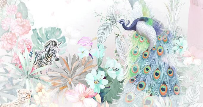 Watercolor peacock tiger zebra flower landscape