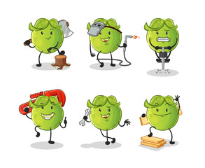 pea worker set character. cartoon mascot vector.