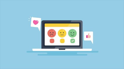 Customer satisfaction and customer support rating concept. Customer clicks on happy smiley face, excellent business service, 2d animation 4k video clip.
