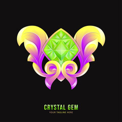 Green crystal gemstone badge with ornament border