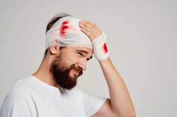 Man head and arm injuries health problems isolated background