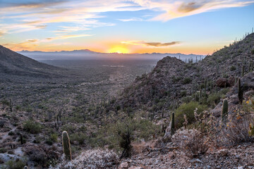 Gates Pass Sunset near Tucson Arizona. Saguaro National park below