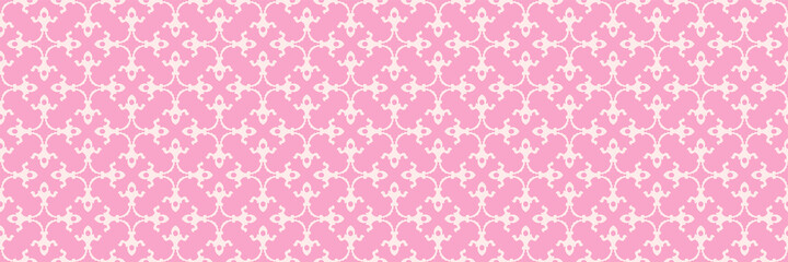 Background image with decorative white ornaments on a pink background for your design projects, seamless patterns, wallpaper textures with flat design. Vector illustration