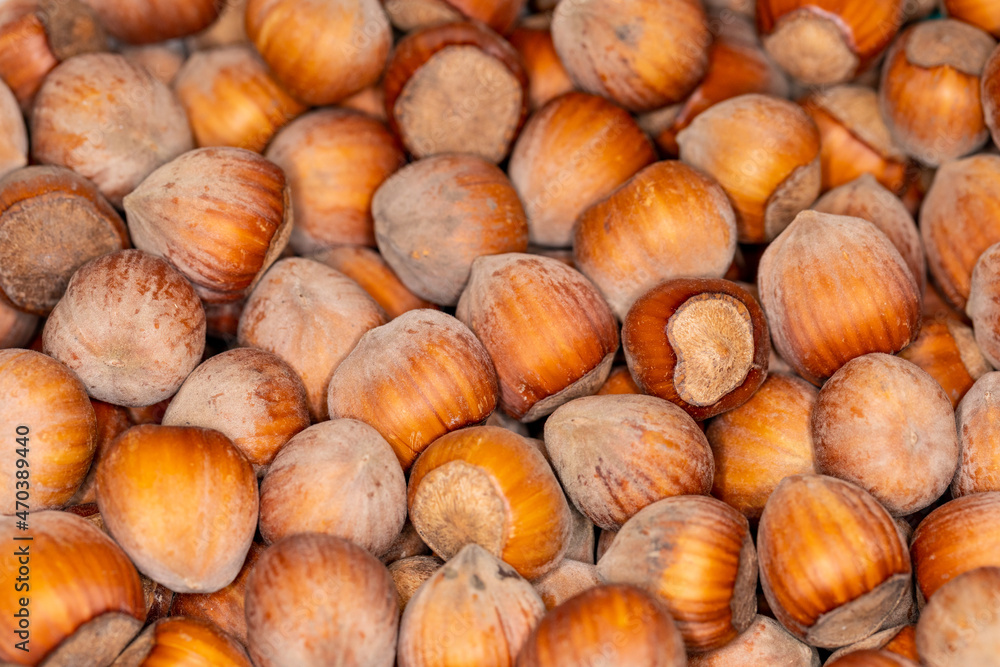 Poster close up hazelnuts. hazelnut composition and backgorund.