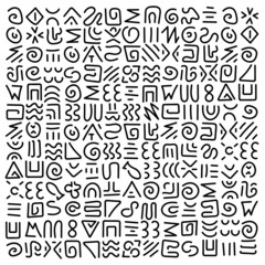 Hand drawn Doodle pattern. Abstract signs and elements, ancient writing. Monochrome vector background