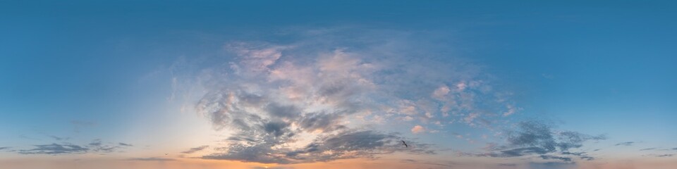 Obraz premium Blue sky panorama with Cirrus clouds in Seamless spherical equirectangular format. Full zenith for use in 3D graphics, game and editing aerial drone 360 degree panoramas for sky replacement.