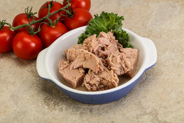 Canned tuna fillet in the bowl