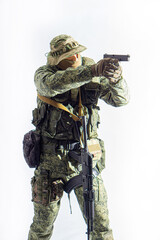 Members of the special purpose unit. A Russian special forces soldier with assault rifle aiming...